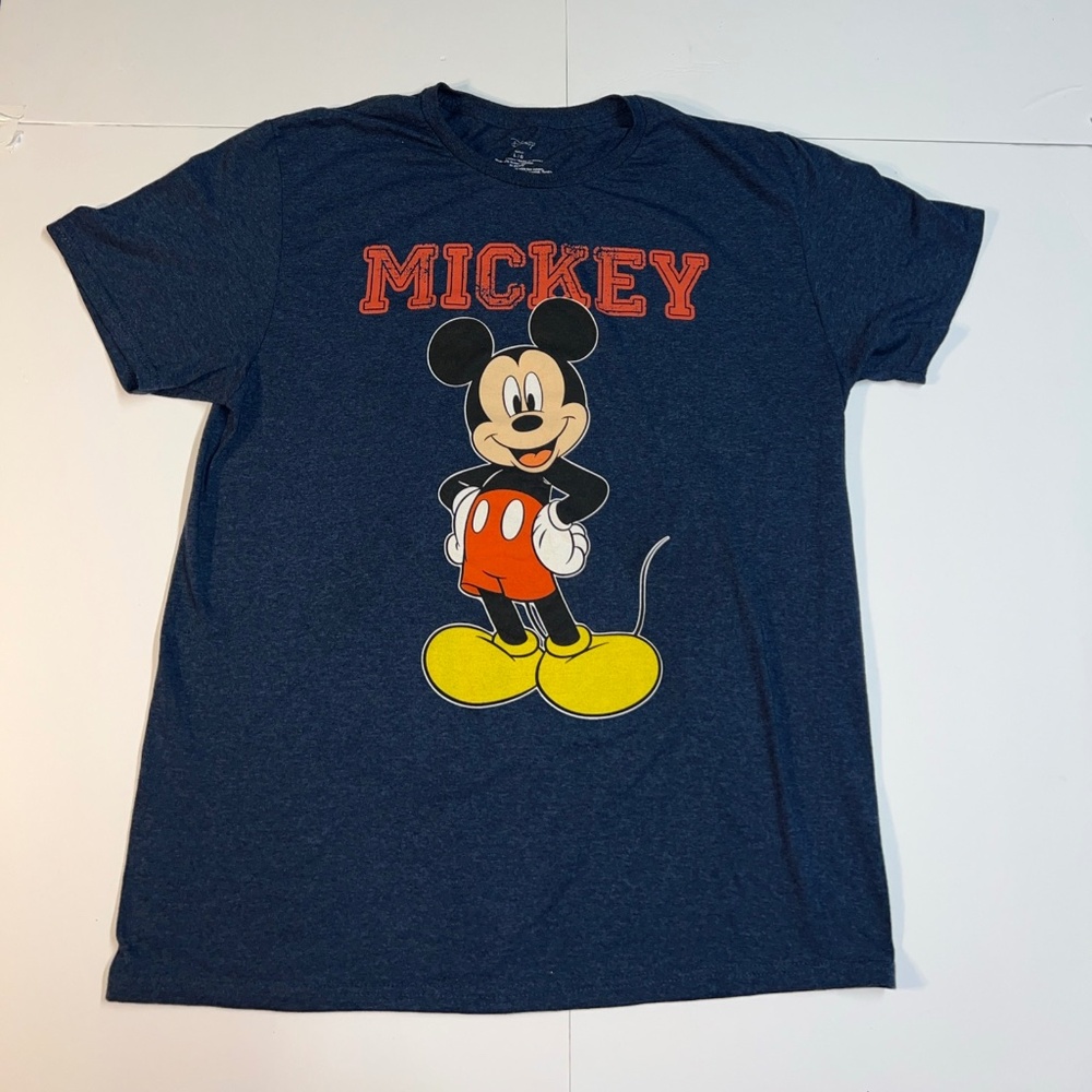Disney T-Shirt Mens Size Large Blue Mickey Mouse Logo Short Sleeve Tee Cartoon